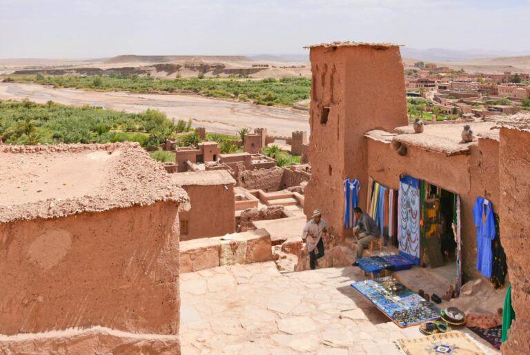 Explore the vibrant market in historic Aït Benhaddou, a UNESCO World Heritage site in Morocco.